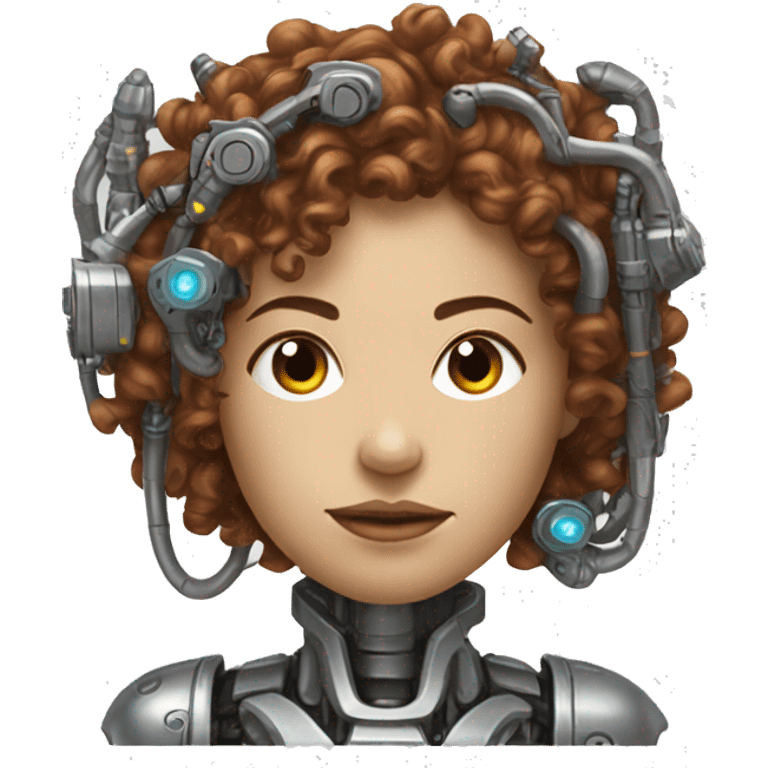 metal female cyborg head with brown curly hair and circuitry emoji