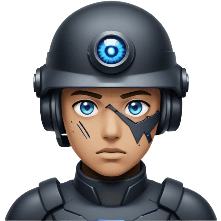 A dystopian soldier with a shattered black visor, revealing one cybernetic blue eye emoji