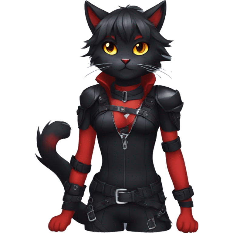 Anthro Edgy Cool Beautiful Black Cat-Fursona-Fakemon with Emo Hair-bangs with Red Streaks Chest Harness emoji