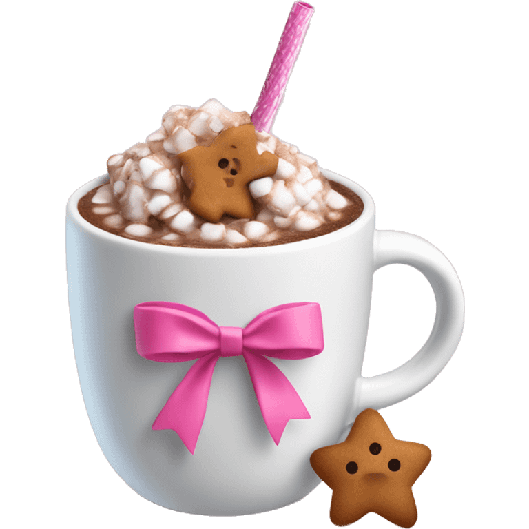 hot coco in a mug with small gingerbreads and a pink straw with a white bow tied around the straw emoji