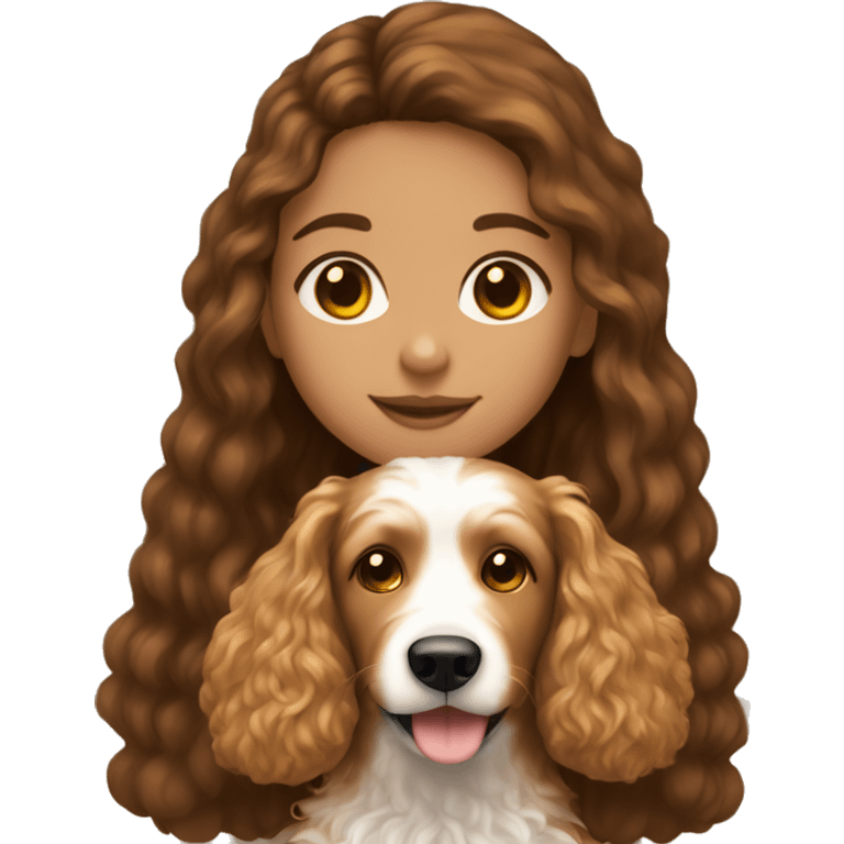 A girl with really long brown hair brown eyes holding a golden doodle dog emoji