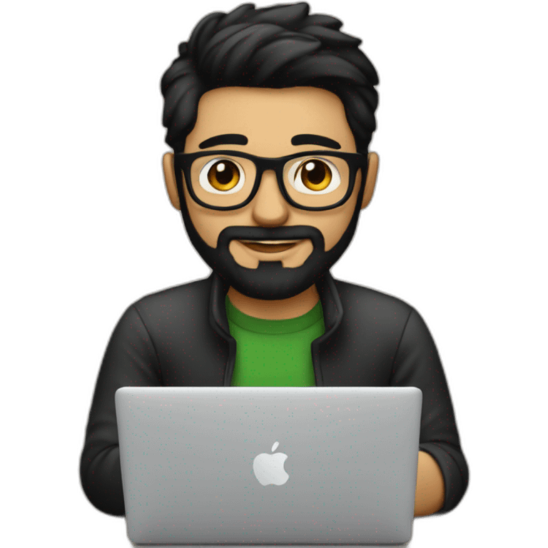 Designer with black hair, beard and glasses working with MacBook and drinking cappuccino  emoji