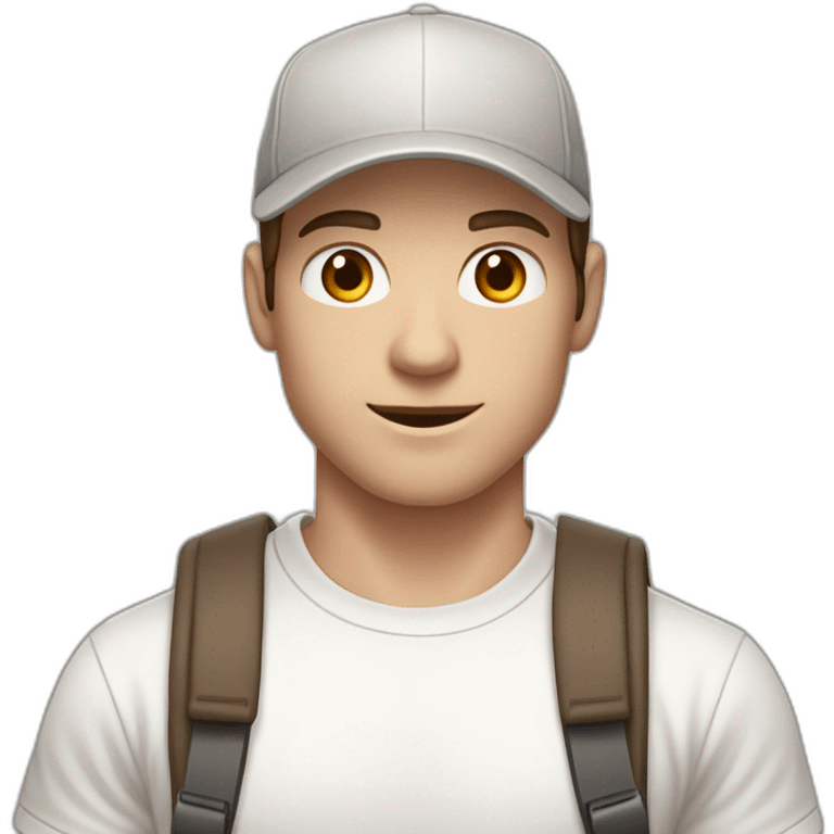 Pale skinned fit Man with dark brown hair in a light gray cap, dark brown jeans, brown polo and white T-shirt keeping a pasted with tape white box into his hands emoji