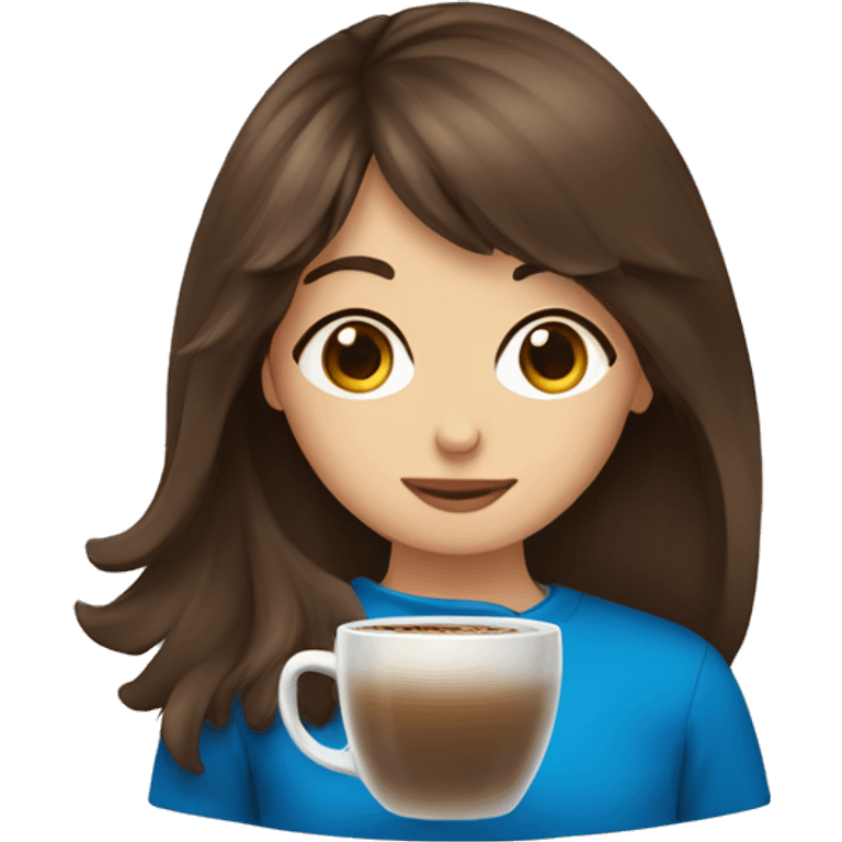 Brown hair and bangs blue eyes, holding coffee emoji