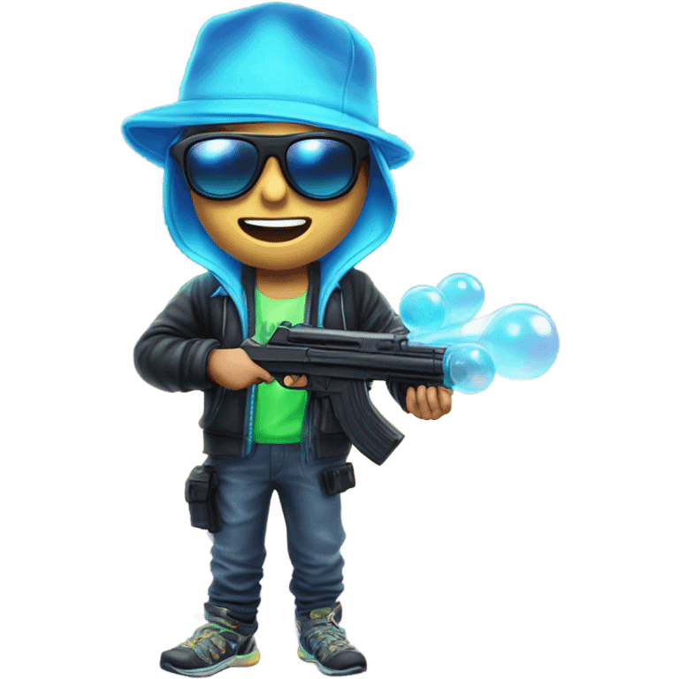 Caucasian boy in glowing rave gear with sunglasses and mask and hat and shooting a bubble gun emoji