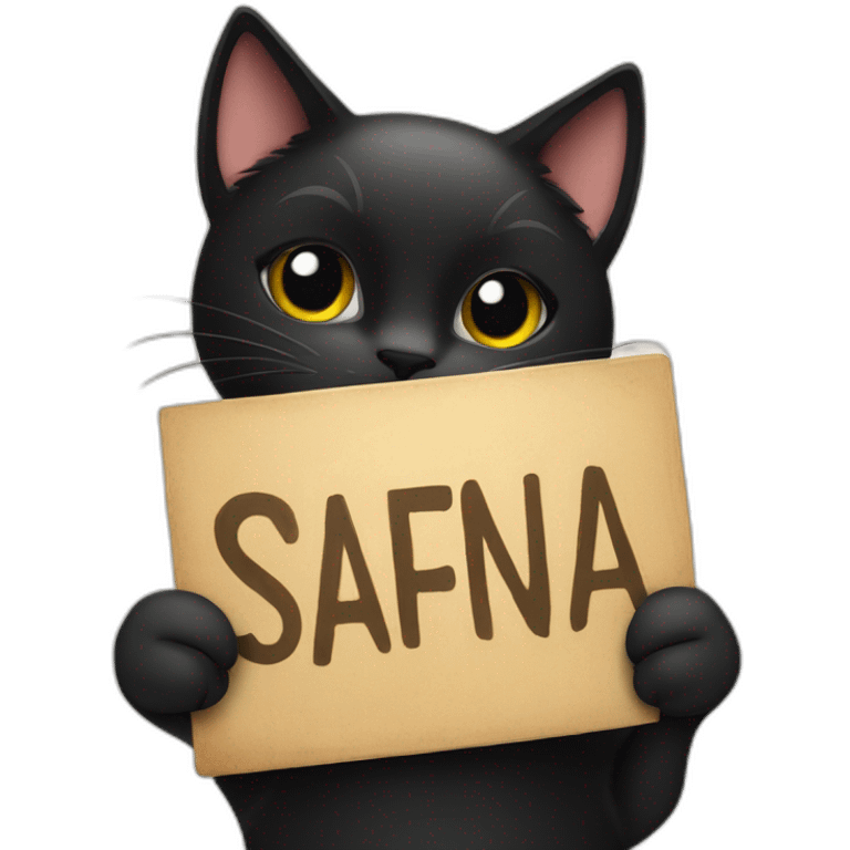 Black cat holding a sign with the inscription “Safina” emoji