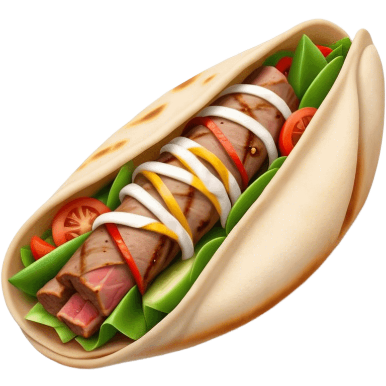 Cinematic Realistic Gyros Dish Emoji, showcasing succulent, spiced meat wrapped in pita with fresh vegetables rendered with lifelike detail and dynamic, appetizing lighting. emoji