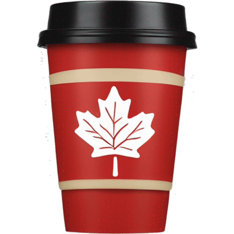 “Red Tim Hortons coffee cup with white logo, maple leaf accents, ribbed sleeve, and black plastic lid.” emoji