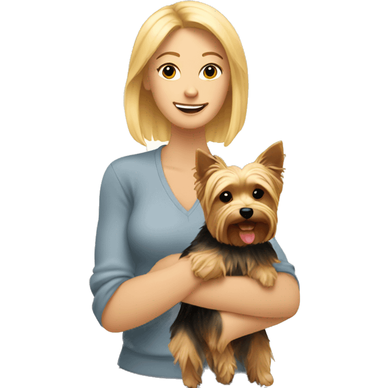 Blonde woman holding yorkie in sunlight emoji