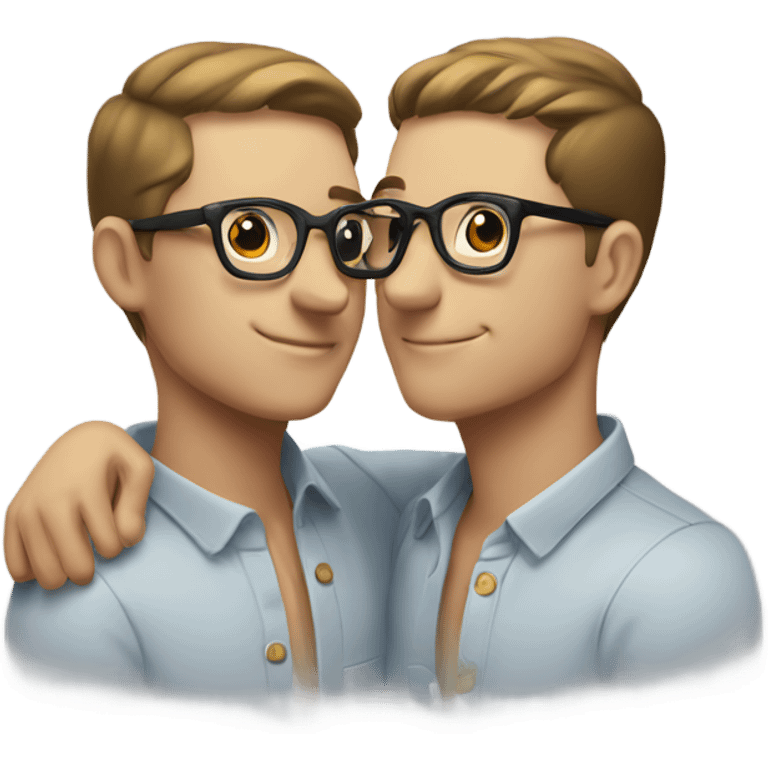 Gay male couple, white, with glasses sharing a kiss emoji