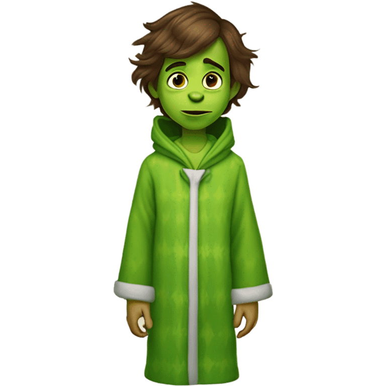 A little boy with brown hair, hazel eyes, skinny, wearing plaid pajama pants, a green hooded robe and grinch house shoes  emoji