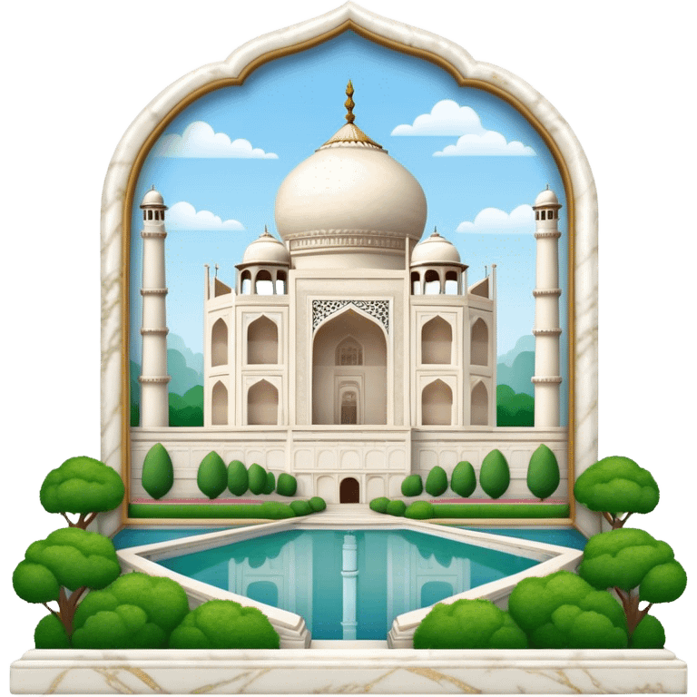 Cinematic Realistic Taj Mahal Landmark Emoji, depicted as the iconic marble mausoleum set amidst lush gardens rendered with intricate detail and ethereal, soft lighting. emoji