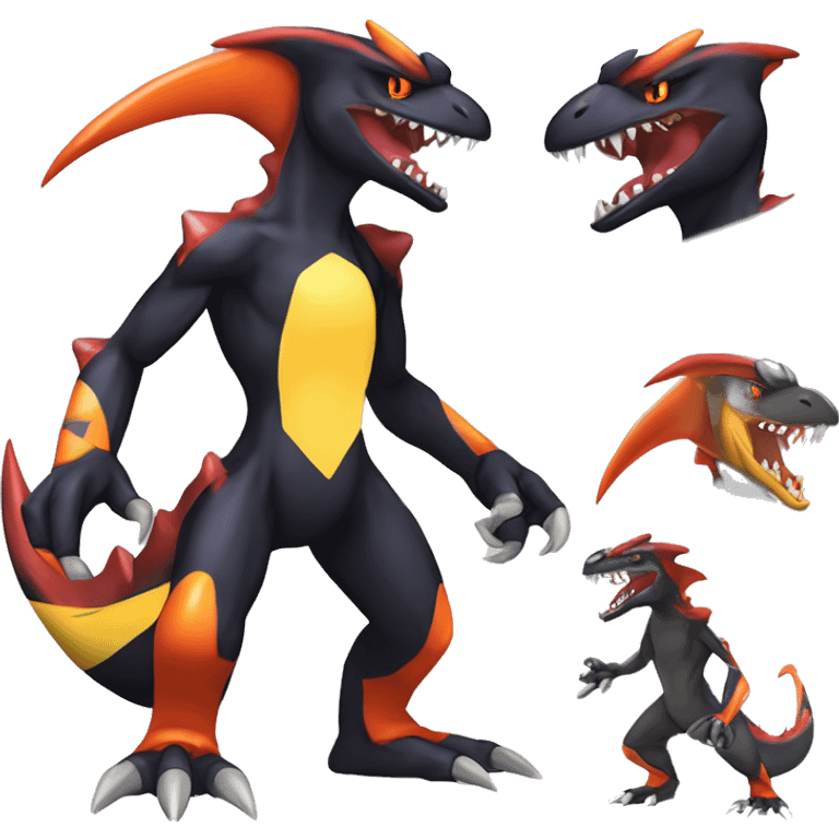 Black, Red, Orange, Yellow, White, Modern, Cool, Edgy, Badass Punk-style Garchomp-Charmeleon-Sergal Fakémon-Digimon with sharp edgy striking detailed stripe-markings,  full body emoji