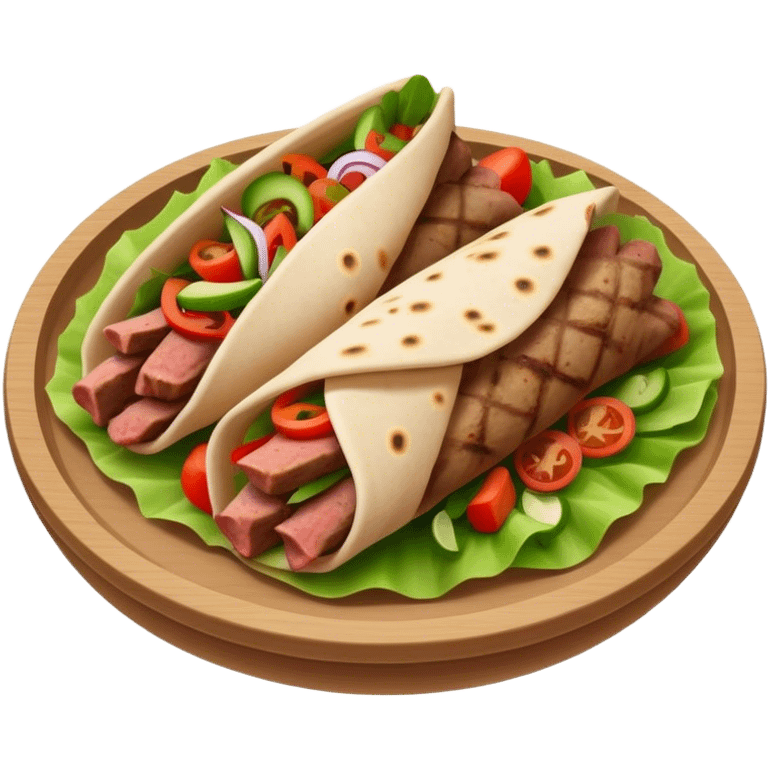 Cinematic Realistic Gyros Dish Emoji, showcasing succulent, spiced meat wrapped in pita with fresh vegetables rendered with lifelike detail and dynamic, appetizing lighting. emoji