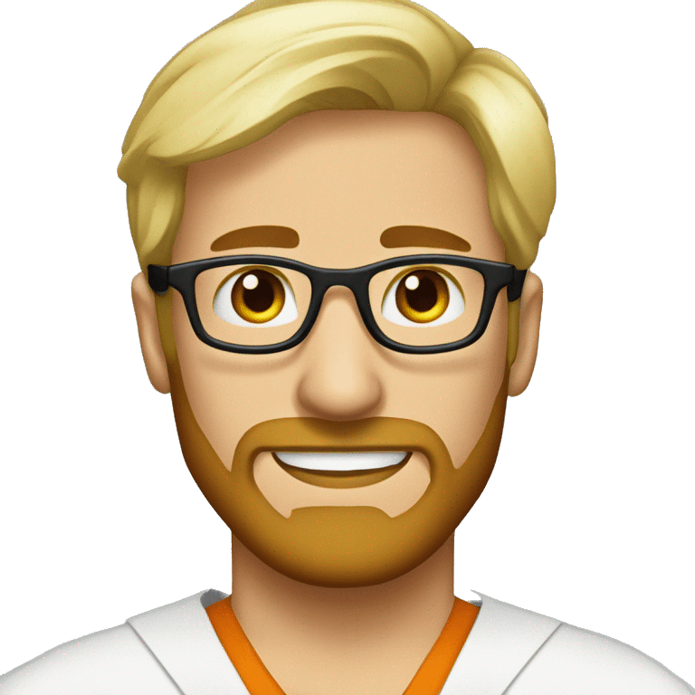 Blond male artist wearing doctor scrubs and round tortoiseshell glasses and short blond beard profile pic emoji