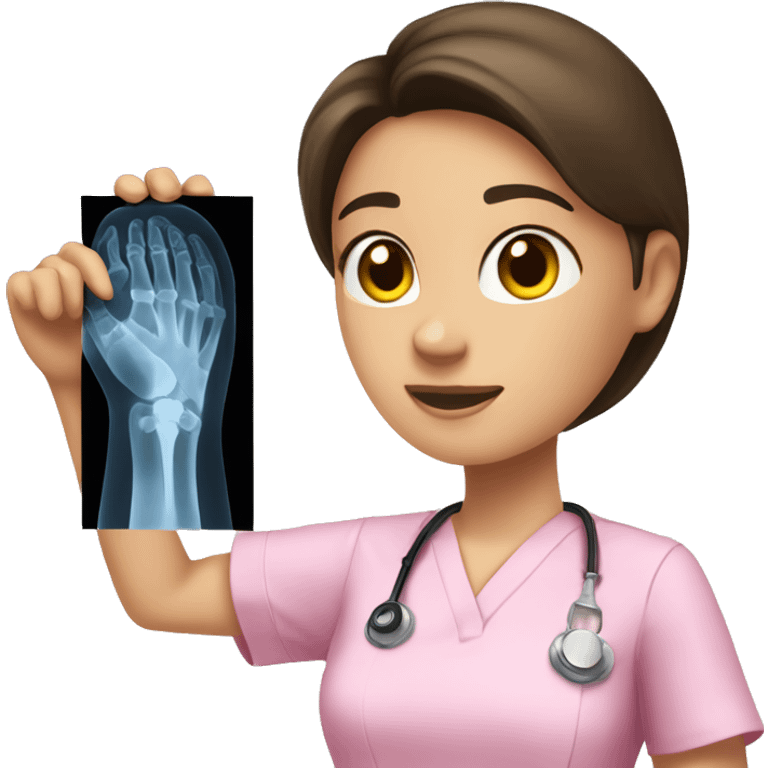 Brunette girl in pink scrubs looking at an arm X-ray  emoji