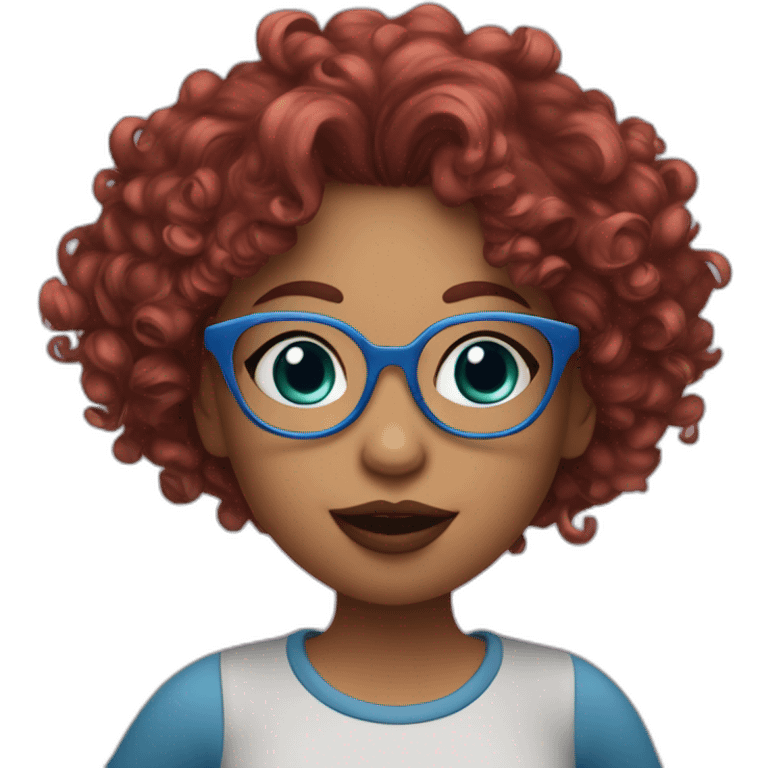 a curvy girl with curly red hair and blue glasses blowing a kiss emoji