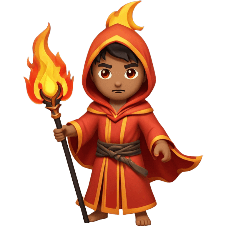 Clash of Clans aesthetic: Cinematic Ferocious Fire Mage Hero Emoji, rendered in a 3D vector-style similar to standard emojis with minimal shading and bold, simplified shapes. A compact, isometric figure draped in flowing, charred and ember-lined robes, wielding a fiery staff crackling with intense flames. Eyes burning with an infernal glow, exuding raw, untamed power. Simplified yet unmistakably iconic, highly detailed and consistent, glowing with a fiery, molten radiance and high shine. Stylized with a touch of menacing sorcery and a searing, ember-infused outline, capturing the essence of a wrathful mage ready to unleash devastating fire magic! emoji