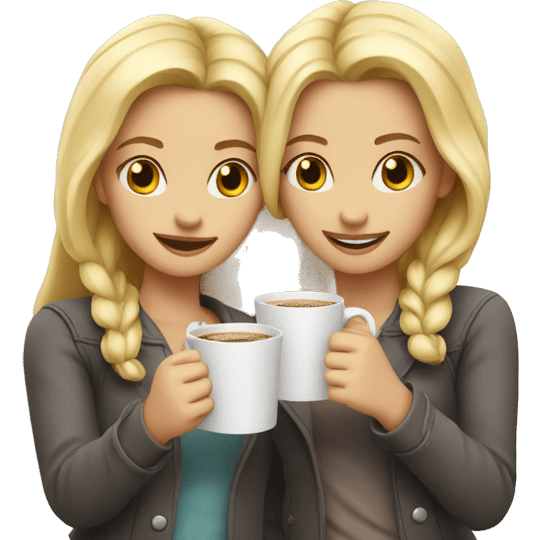 Two blonde girls are standing in an embrace and holding coffee in their hands emoji