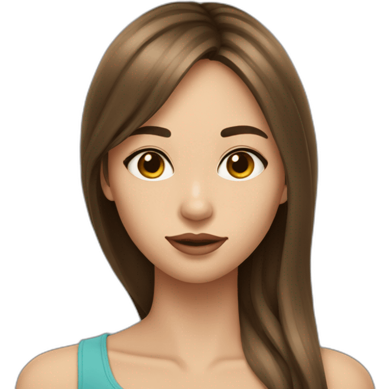 long brown hair skinny girl with long side bangs, thin face and makeup from head to chest emoji