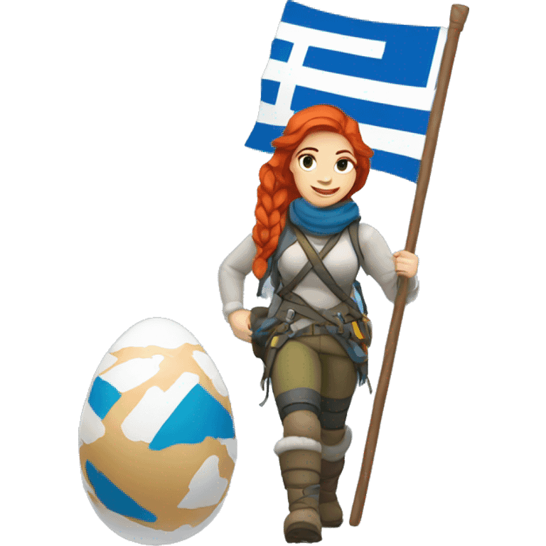 female winter mountaineer red hair holding greek flag and easter egg emoji