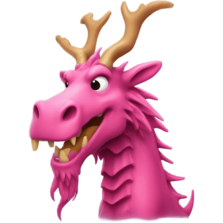 Pink dragon with a long beard, moose antlers, fire coming out of mouth emoji