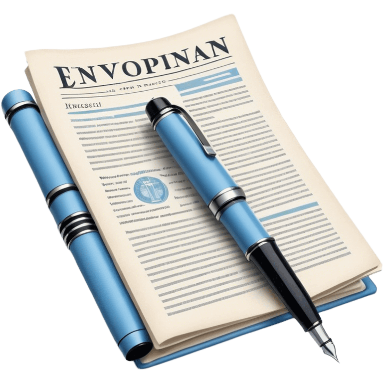 Create an emoji representing journalism and publicistic writing. The design should feature an open newspaper or a stack of articles with visible text columns, symbolizing opinion pieces and analysis. A classic fountain pen or ballpoint pen should be placed near the papers, indicating the act of writing. Optionally, include a small microphone or a press badge to emphasize investigative and journalistic aspects. Use neutral and professional colors like black, white, and muted blue or red. Do not include any emojis or smiley faces. Make the background transparent. emoji