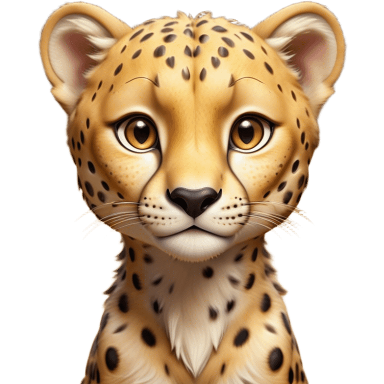 Cinematic Cute Cheetah Portrait Emoji, Head tilted playfully and inquisitively, featuring a glossy, golden spotted Fur with a natural sheen, round, sparkling amber eyes filled with curious mischief, Simplified yet irresistibly adorable features, highly detailed, glowing with a warm, friendly glow, high shine, affectionate and agile, stylized with a touch of savannah whimsy, bright and endearing, soft glowing outline, capturing the essence of a mischievous yet loving cheetah, so playful it feels like it could dash out of the screen and into your arms! emoji