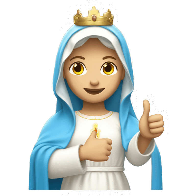 blessed virgin mary with one hand thumb up, with white skin, with blue veil and white clothes, with crown, with halo, with light brown hair emoji