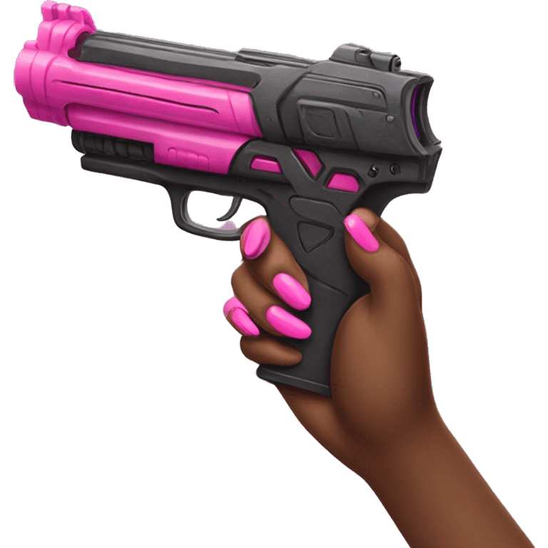 brown hand with pink nails holding large scary dark nerf gun emoji