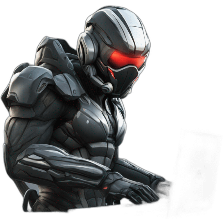 developer behind his laptop with this style : Crytek Crysis Video game with nanosuit character hacker themed character emoji