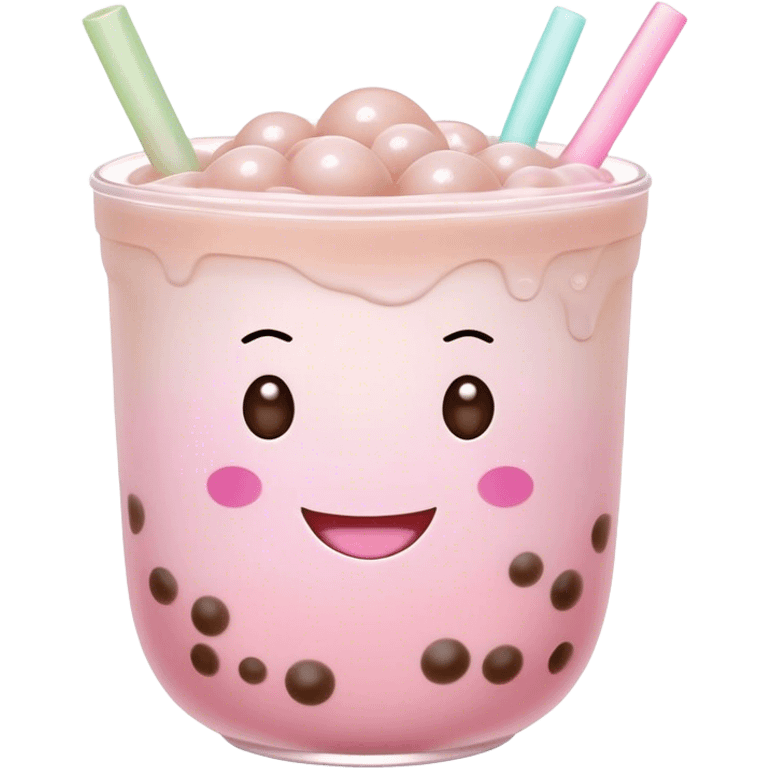 Cute Kawaii Boba Tea Cup, with a happy smiling face, chubby round shape, pastel pink and brown colors, soft glowing highlights, adorable tapioca pearls floating inside, sparkling eyes full of joy! emoji