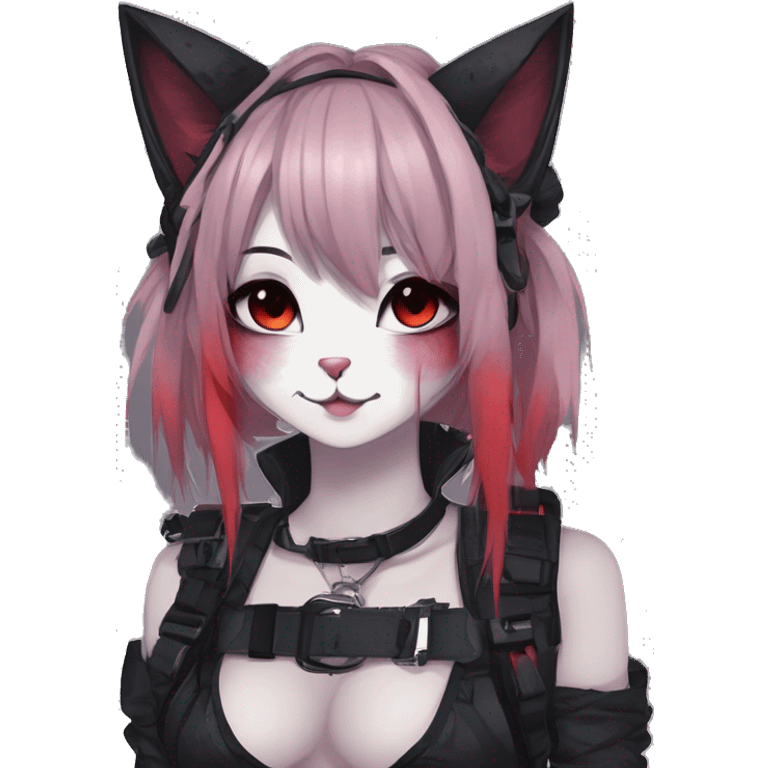 Gorgeous gothic dark techwear anime style anthro cat furry with blushing face aesthetic and pretty edgy black red punk messy ponytail hair with collar and harness trending style emoji