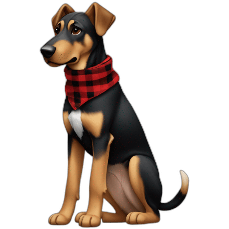 75% Coonhound 25% German Shepherd mix dog wearing small pointed red buffalo plaid bandana pointing down side view full body facing left emoji