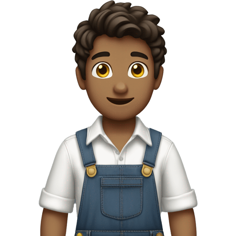 boy pointing to the sky, dark brown wavy hair, wearing blue jeans overalls and white shirt. half body shot. view from behind, back. emoji