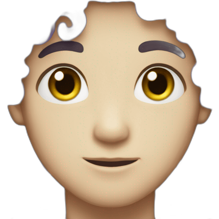 Male with white skin, green eyes, short violet curly hair, nose piercing emoji