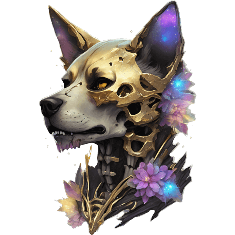 iridescent kintsugi fluffy zombie black brown gold dog fox head zombie skull skeleton gold mechanical nebula galaxy stars colorful flowers fairy lights vintage zombie emoji