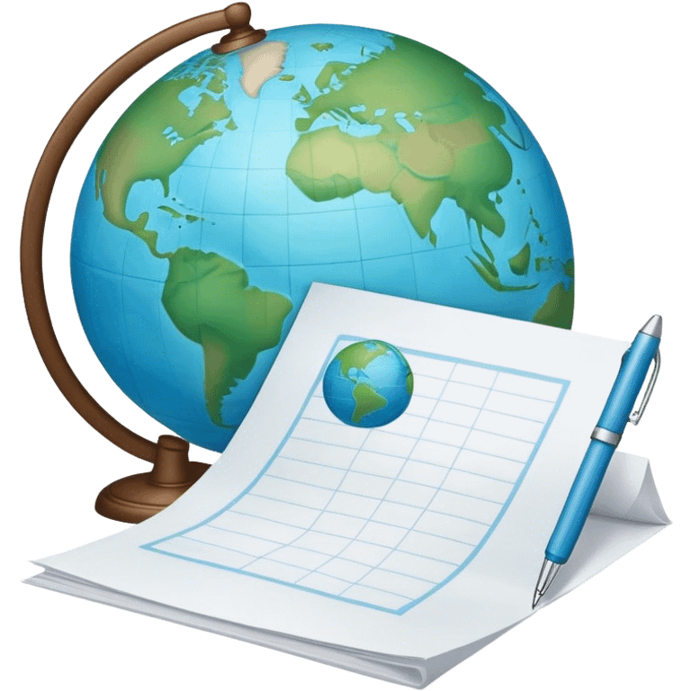 Create an emoji representing language translation. The design should feature just one globe in the background, symbolizing international communication. In front of the globe, place two books or sheets of paper with texs on them and a pen nearby to indicate the act of writing. Use a clean and professional color palette with blues, greens, and neutral tones. Make the background transparent. emoji