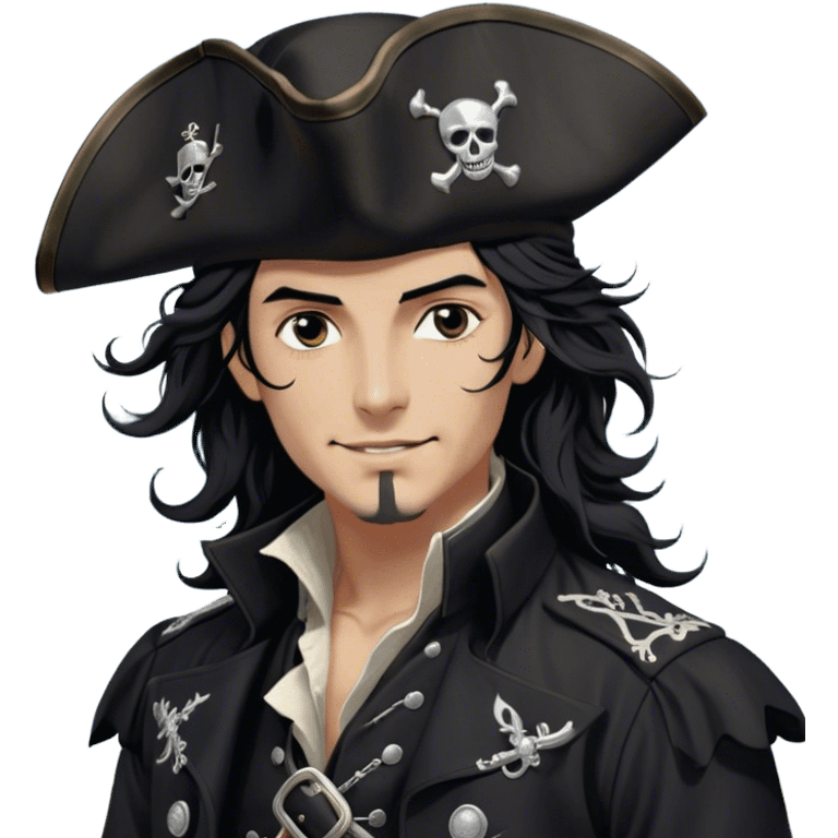 A charismatic pirate with wavy black hair tousled by the sea breeze. His black tricorn hat, embroidered with silver, casts a shadow over his confident features. Dark eyes glint with mischief as he gazes to the side, a knowing smile on his lips. His fitted black coat, adorned with silver buttons, sways in the wind, revealing glimpses of a deep-crimson waistcoat. A silver chain dangles from his belt emoji