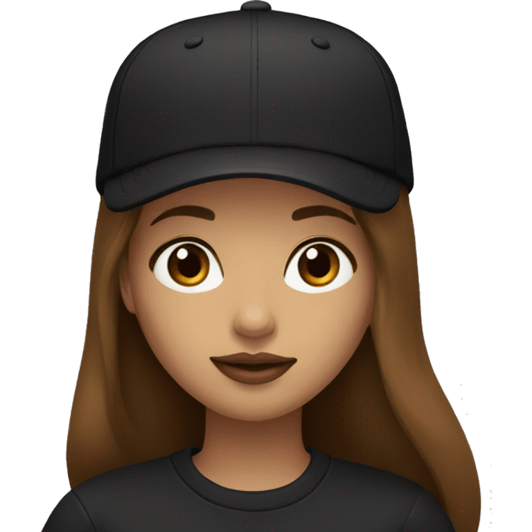 A beautiful woman wearing a black cap and black sweatshirt, big lips, brown straight long hair.  emoji