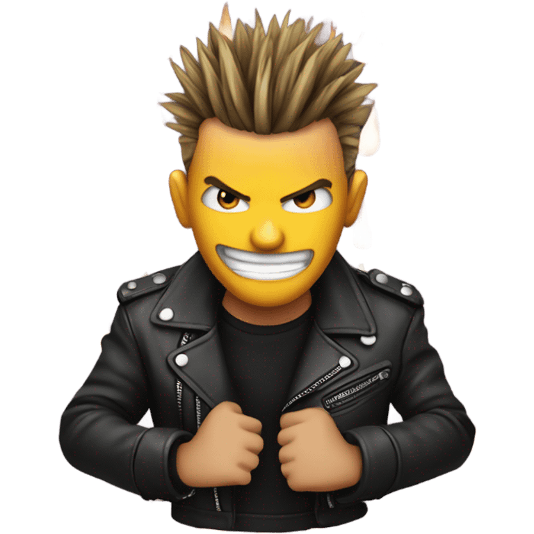 punk emoji, hardcore rock face emoji with hands, leather jacket, fire around face, smiling emoji