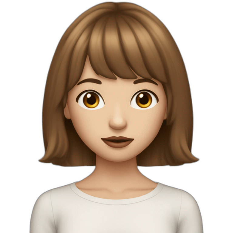 long brown hair skinny girl with curtain bangs, thin face and makeup from head to chest emoji