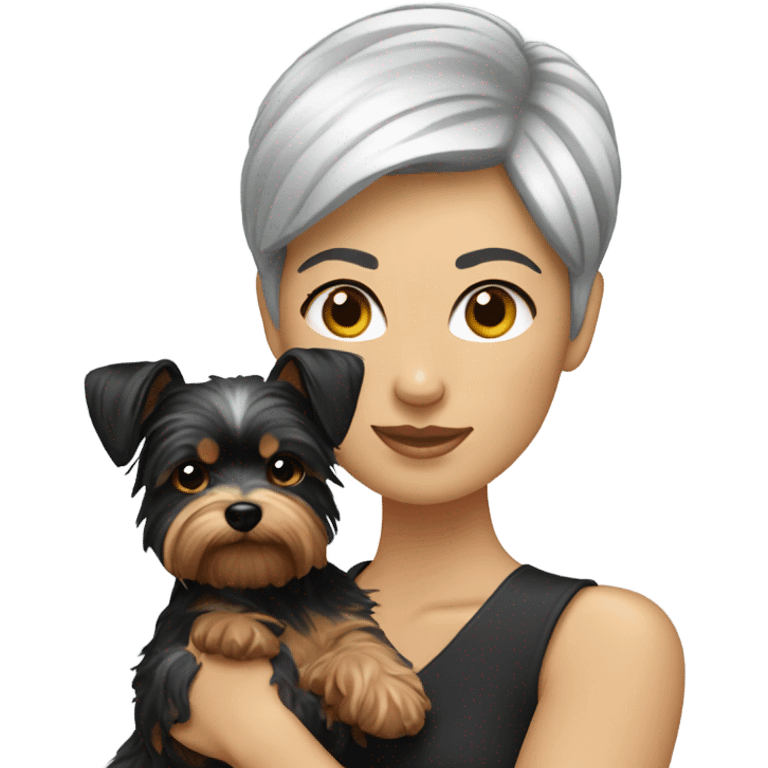 White lady with short black hair holding a Yorkie  emoji