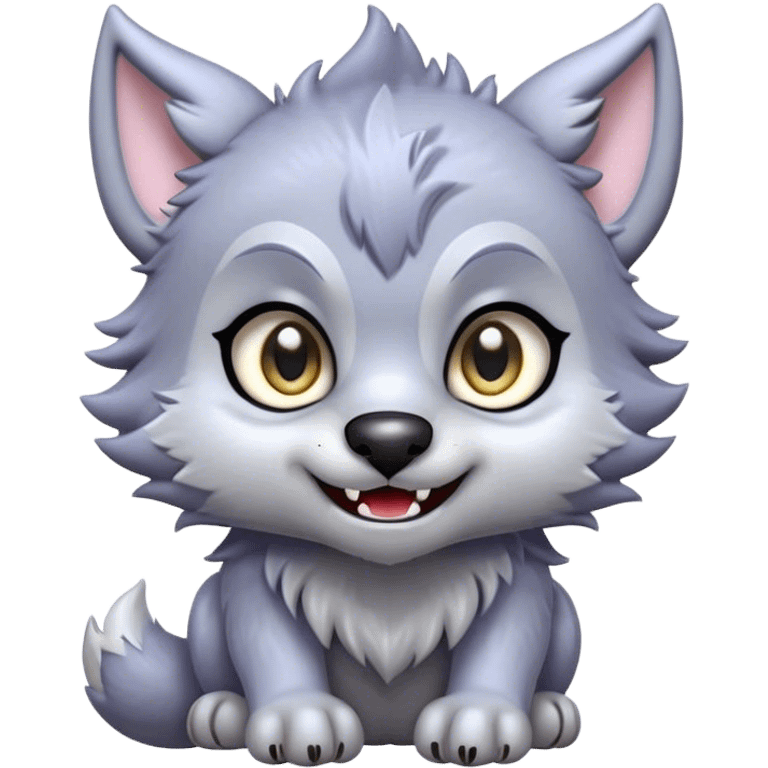 Cinematic Cute Werewolf Portrait Emoji, with a cuddly, miniature lupine form in soft moonlit grays and silvers, featuring oversized sparkling eyes and a sweet, endearing snarl, simplified yet irresistibly adorable, highly detailed with a gentle glowing outline that captures the playful, heartwarming essence of a little werewolf! emoji