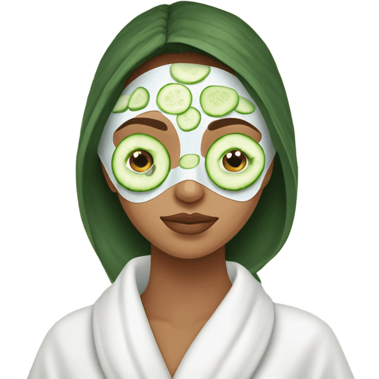 Girl with freackles Brown hair white skin and blue eyes wears Green colored texture skin care mask while She relaxes and puts two round piece of cucumber on her closed eyes In a white Robe emoji