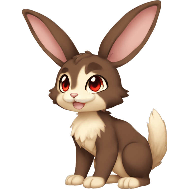 Cute, Chibi, Kemono-style, Anthro, Fur-Sona, Dark-Brown, Normal-type-Ground-type Tan-Rabbit-Fakémon with Dark-Red eyes, beige belly, beige paws, beige feet, beige freckles, full body emoji