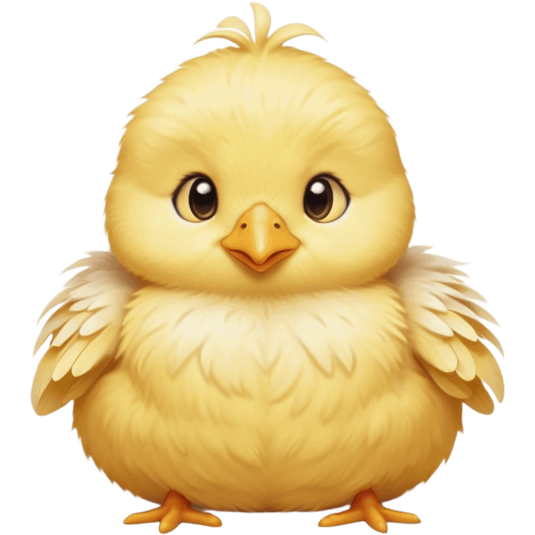 Cinematic round fluffy chick, golden yellow, tiny beak and feet, soft downy feathers, sparkling gentle eyes, sitting on a pastel-colored cushion, radiating warmth and sweetness. emoji