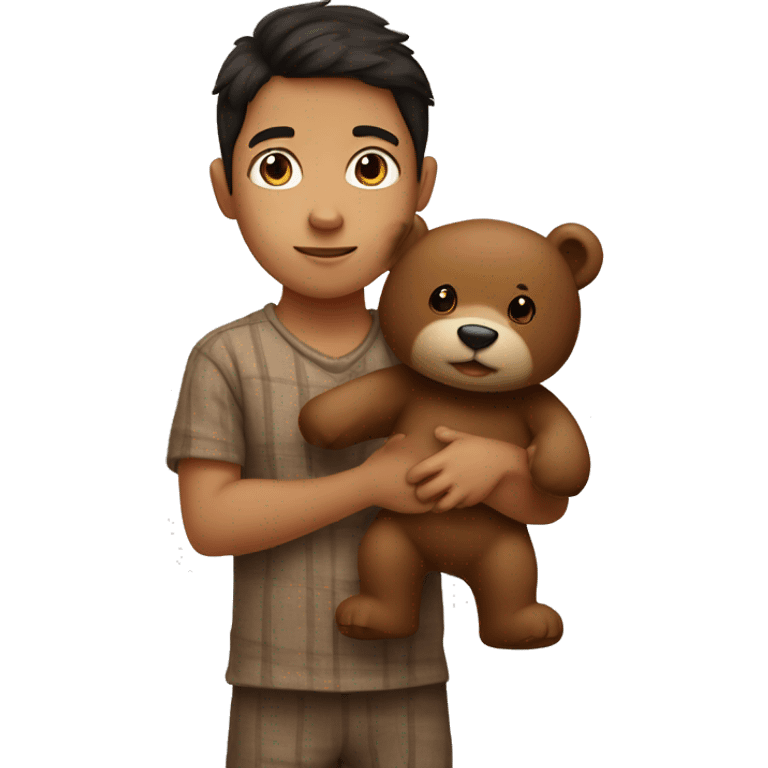 A little boy with dark hair, in brown pajamas with a bear in his hand emoji