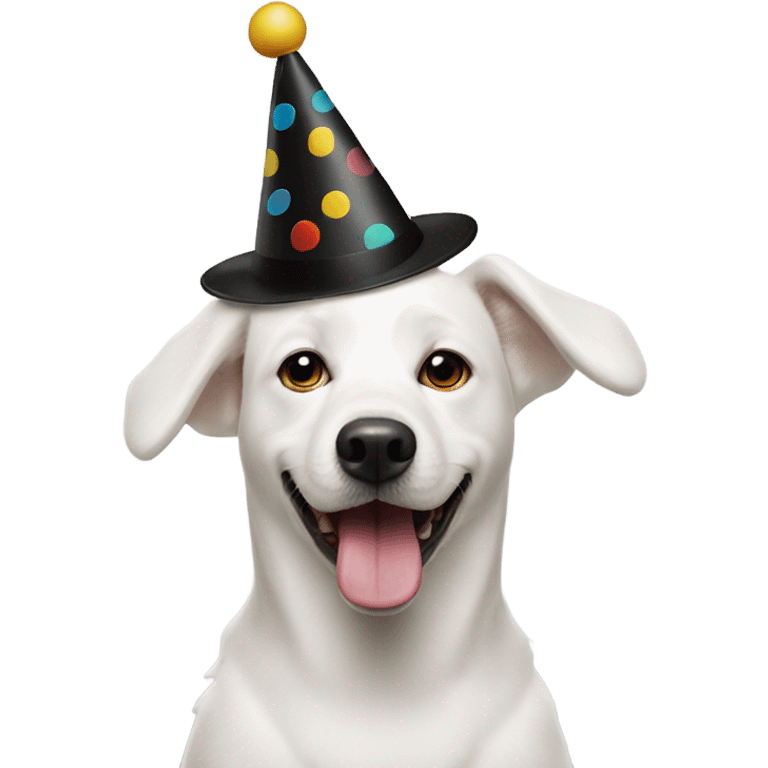 White dog with black spot eye with a birthday hat emoji