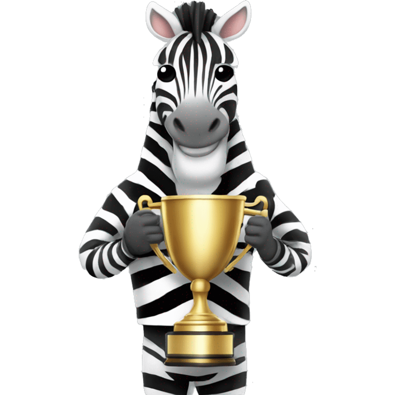 Zebra holding a large trophy cup, standing proudly like a champion. emoji